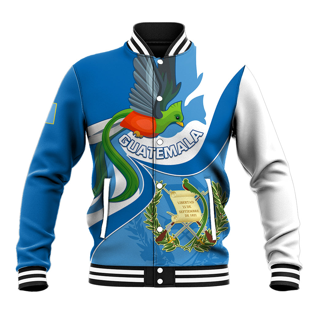 Blue baseball jacket with bird graphic, crest patch, and striped ribbed collar/cuffs