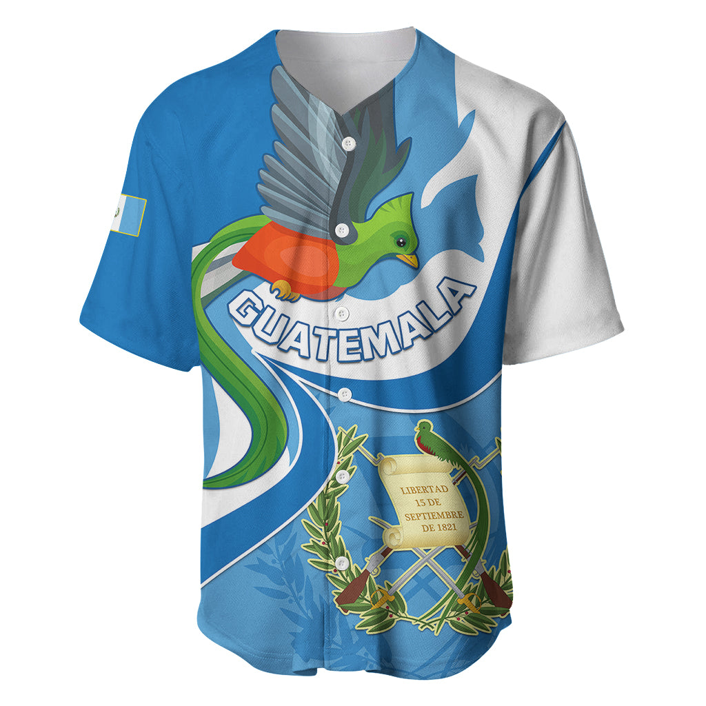Blue baseball jersey with Guatemala quetzal front graphic