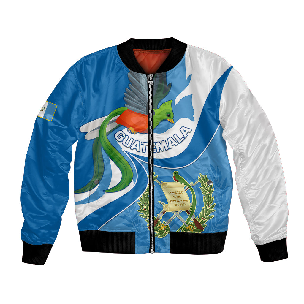 Blue/white bomber jacket with zipper; Guatemala quetzal coat-of-arms graphic