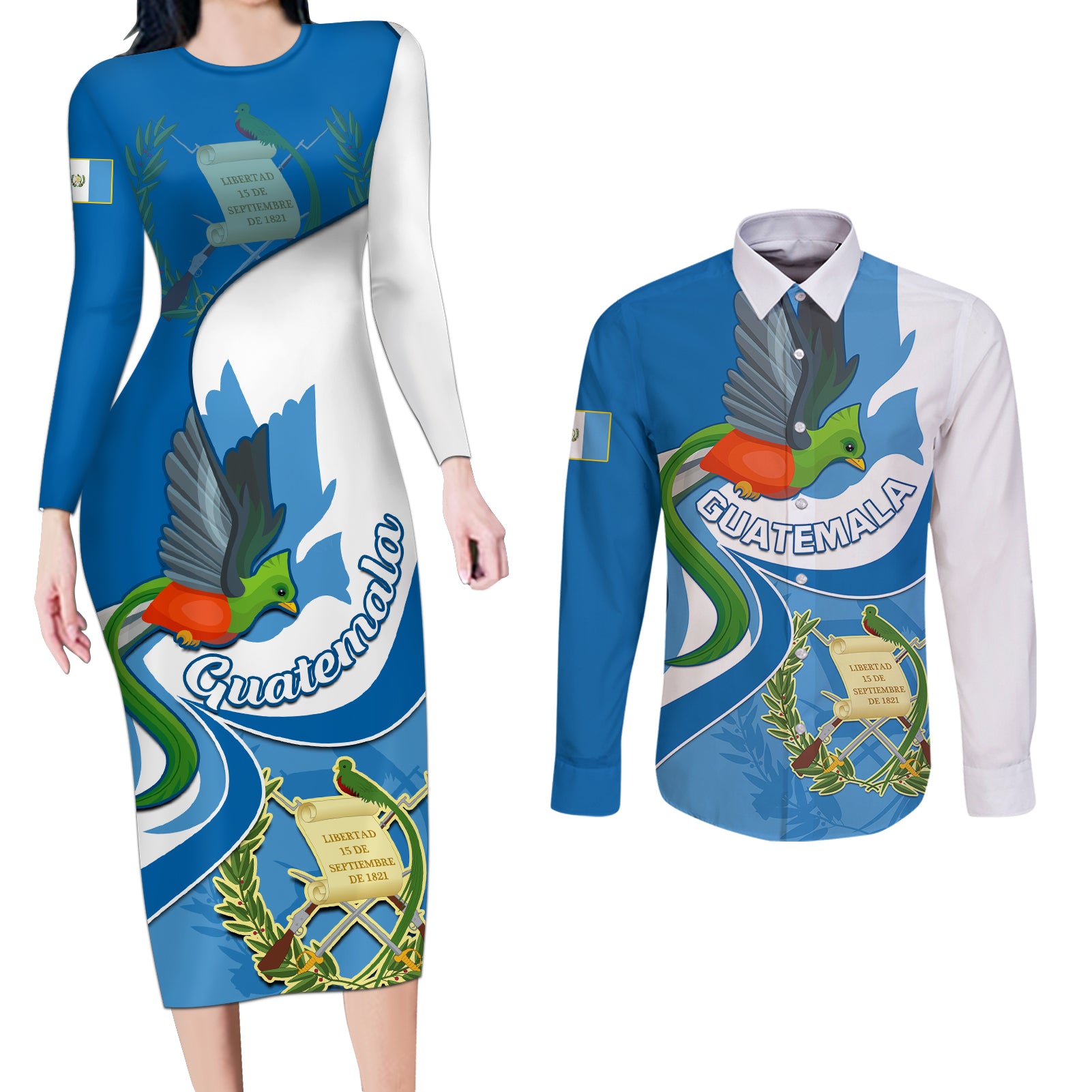 Personalised Guatemala Couples Matching Long Sleeve Bodycon Dress and Long Sleeve Button Shirts Guatemalan Quetzal With Coat of Arms - Wonder Print Shop