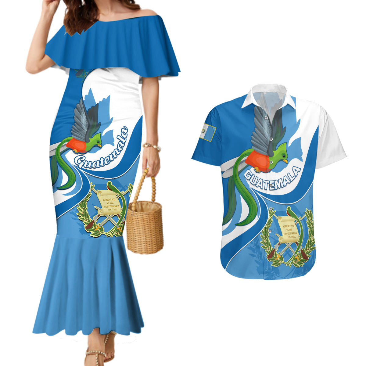 Personalised Guatemala Couples Matching Mermaid Dress and Hawaiian Shirt Guatemalan Quetzal With Coat of Arms - Wonder Print Shop