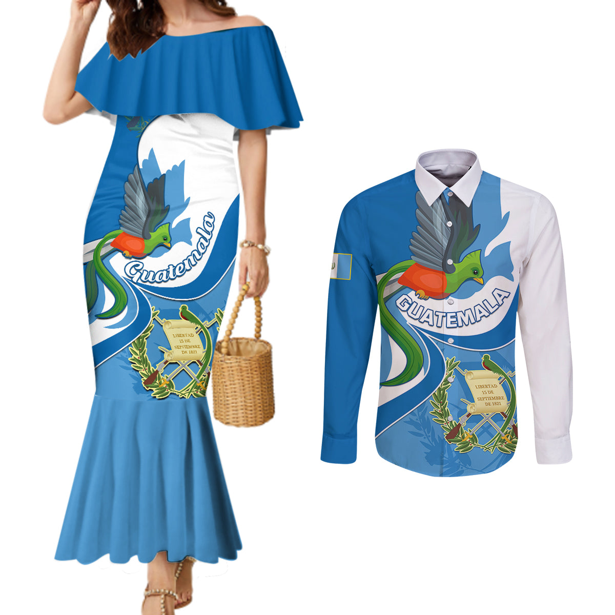 personalised-guatemala-couples-matching-mermaid-dress-and-long-sleeve-button-shirts-guatemalan-quetzal-with-coat-of-arms