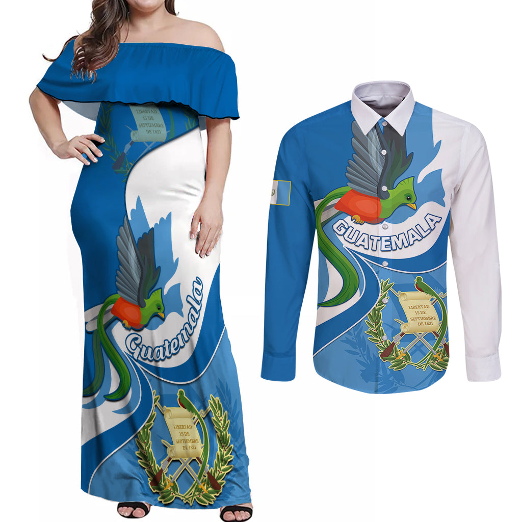 Personalised Guatemala Couples Matching Off Shoulder Maxi Dress and Long Sleeve Button Shirts Guatemalan Quetzal With Coat of Arms - Wonder Print Shop