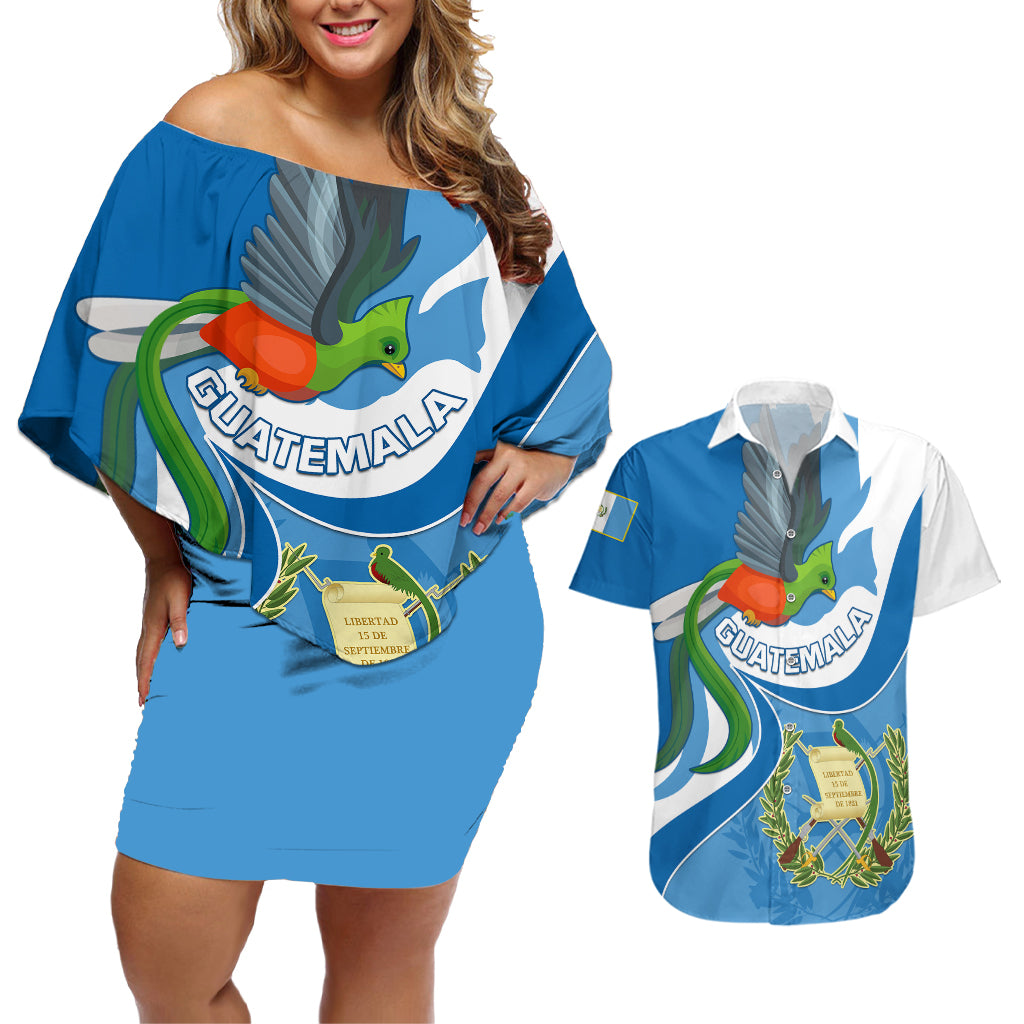 Personalised Guatemala Couples Matching Off Shoulder Short Dress and Hawaiian Shirt Guatemalan Quetzal With Coat of Arms - Wonder Print Shop