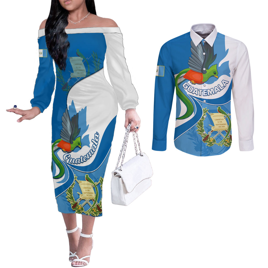 personalised-guatemala-couples-matching-off-the-shoulder-long-sleeve-dress-and-long-sleeve-button-shirts-guatemalan-quetzal-with-coat-of-arms