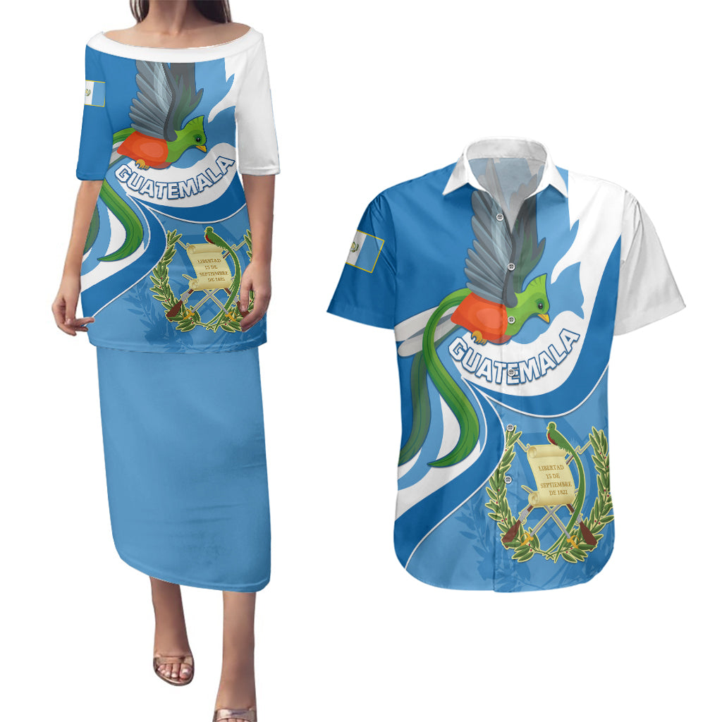 Personalised Guatemala Couples Matching Puletasi Dress and Hawaiian Shirt Guatemalan Quetzal With Coat of Arms - Wonder Print Shop