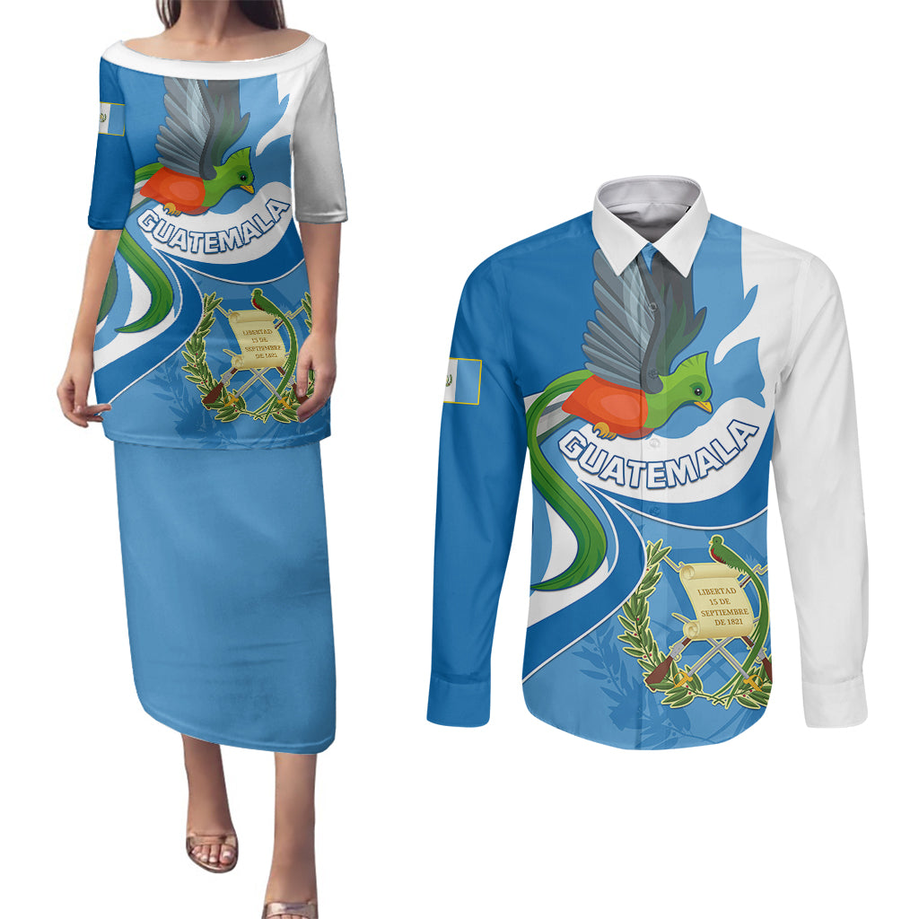 Personalised Guatemala Couples Matching Puletasi Dress and Long Sleeve Button Shirts Guatemalan Quetzal With Coat of Arms - Wonder Print Shop