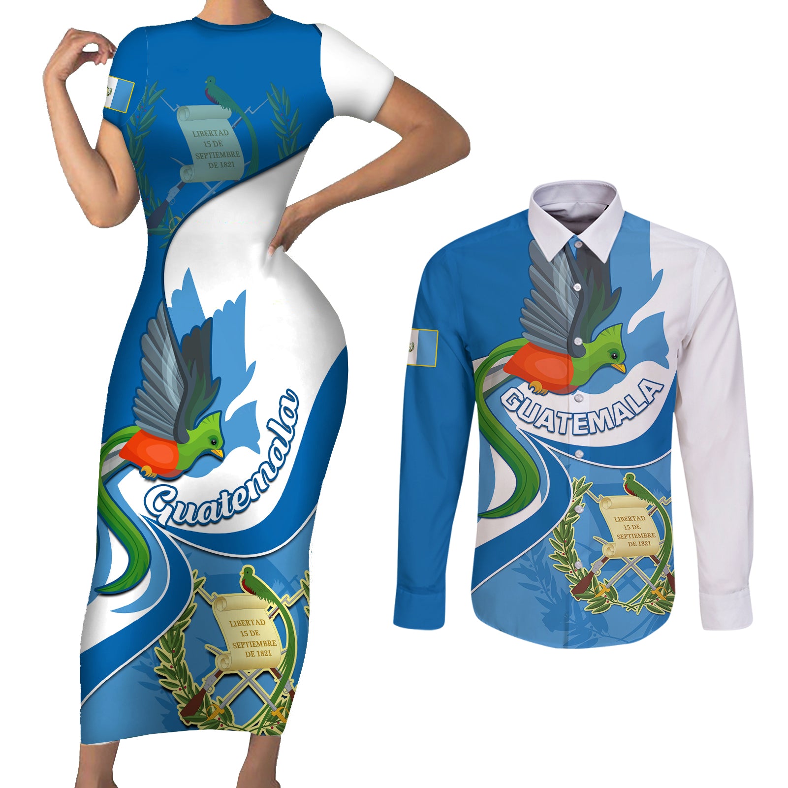 Personalised Guatemala Couples Matching Short Sleeve Bodycon Dress and Long Sleeve Button Shirts Guatemalan Quetzal With Coat of Arms - Wonder Print Shop