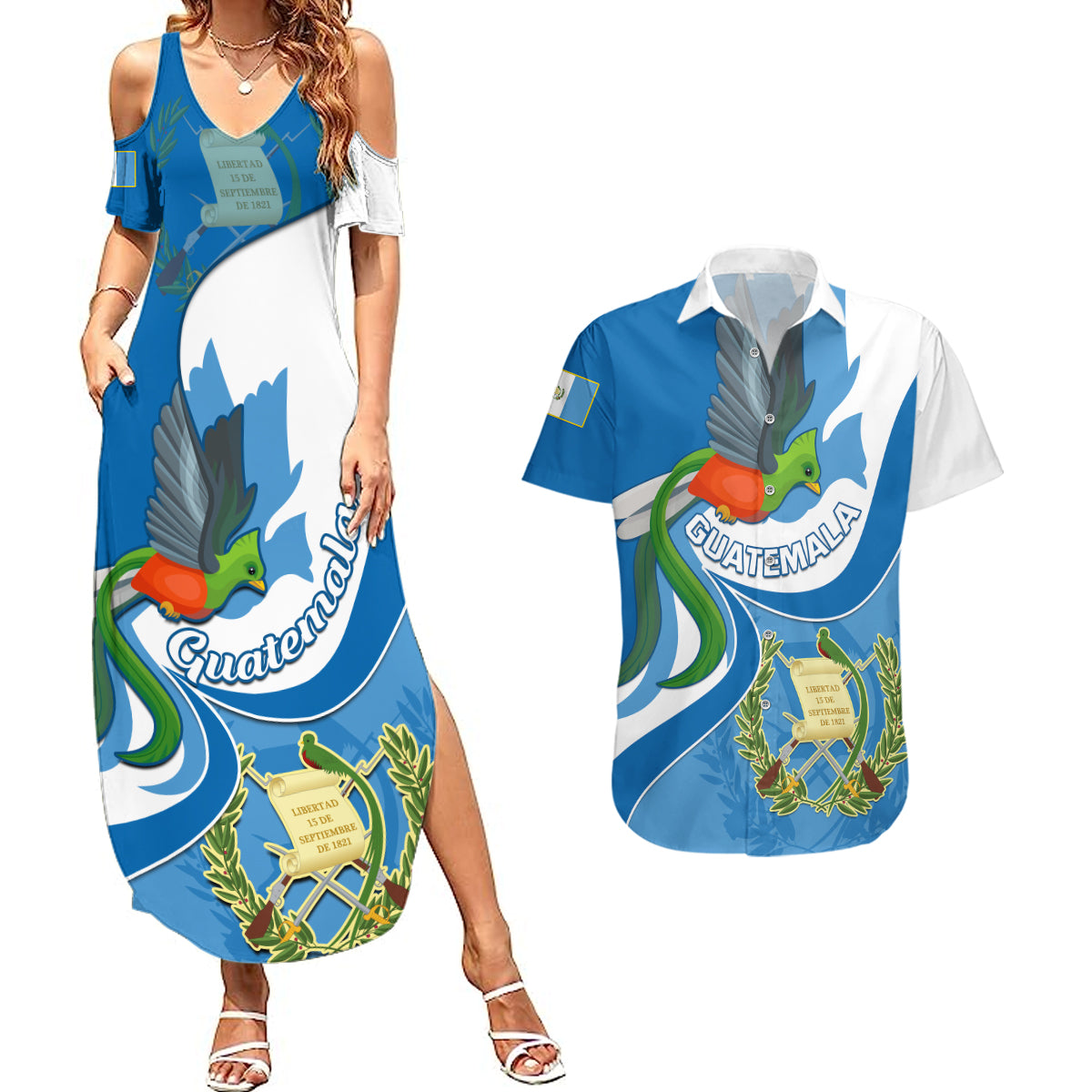 Personalised Guatemala Couples Matching Summer Maxi Dress and Hawaiian Shirt Guatemalan Quetzal With Coat of Arms - Wonder Print Shop