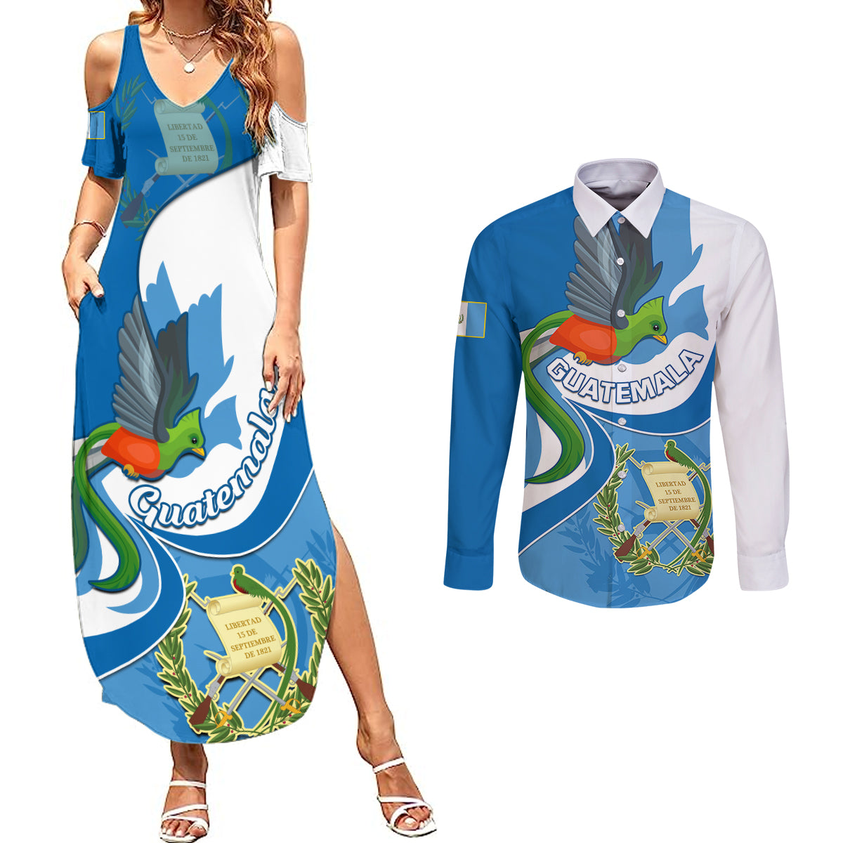 Personalised Guatemala Couples Matching Summer Maxi Dress and Long Sleeve Button Shirts Guatemalan Quetzal With Coat of Arms - Wonder Print Shop