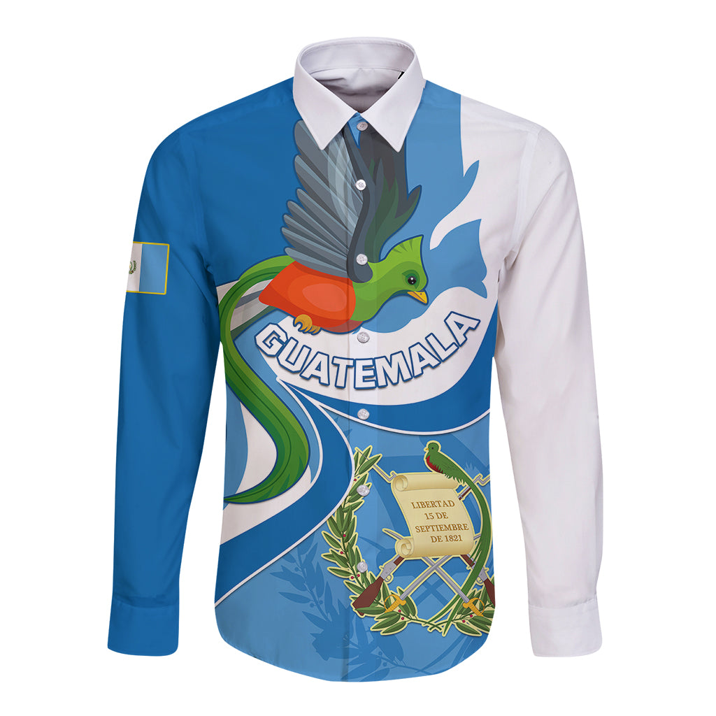 Blue and white long-sleeve button shirt with quetzal and Guatemala crest graphic