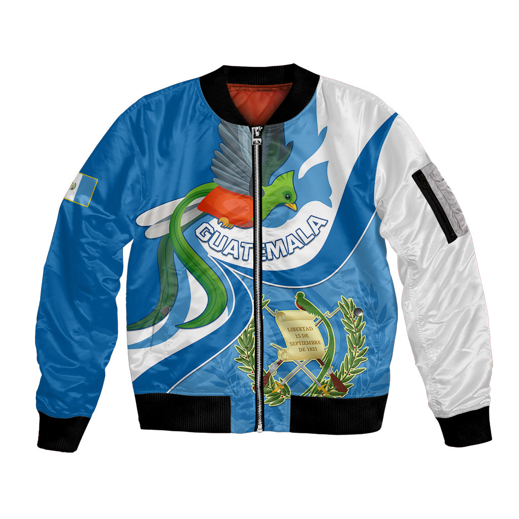 Blue and white zip bomber jacket with ribbed cuffs and Guatemala quetzal front graphic