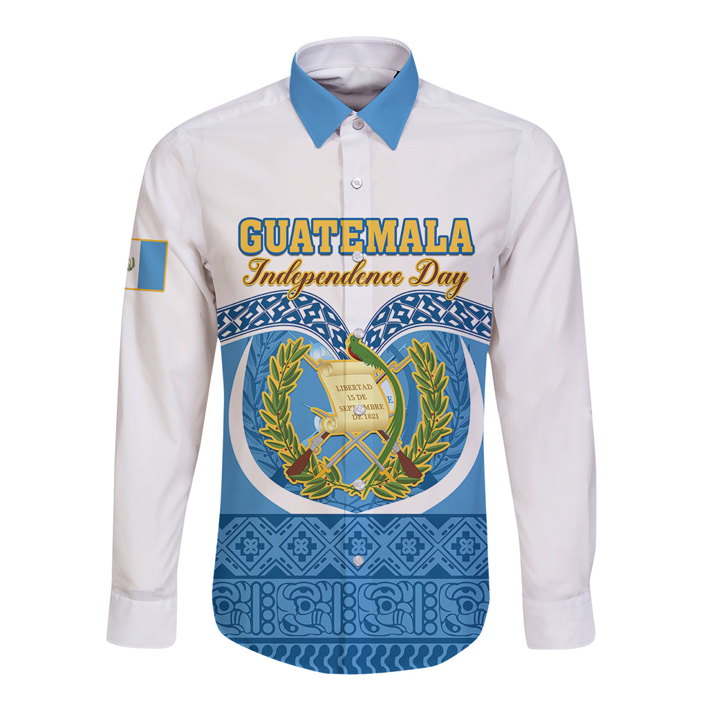 Guatemala Independence Day Long Sleeve Button Shirt Guatemalan Coat of Arms Mix Maya Pattern - Wonder Print Shop