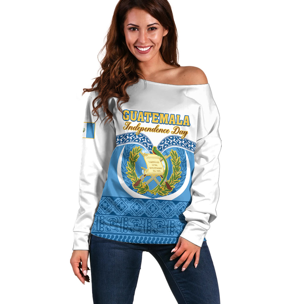 Guatemala Independence Day Off Shoulder Sweater Guatemalan Coat of Arms Mix Maya Pattern - Wonder Print Shop