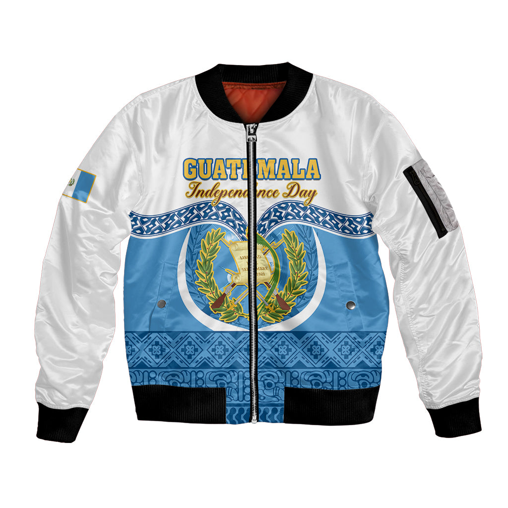 Guatemala Independence Day Sleeve Zip Bomber Jacket Guatemalan Coat of Arms Mix Maya Pattern - Wonder Print Shop