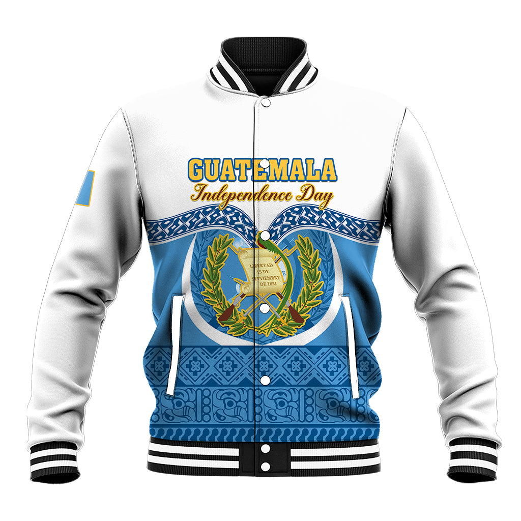 White and blue Guatemala-themed varsity baseball jacket with ribbed cuffs, button-front