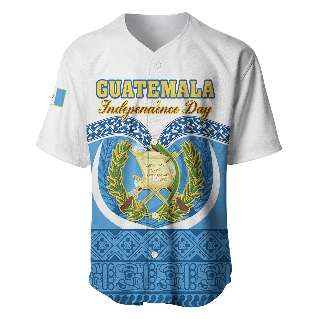 White baseball jersey with Guatemala Independence Day front graphic and blue woven pattern