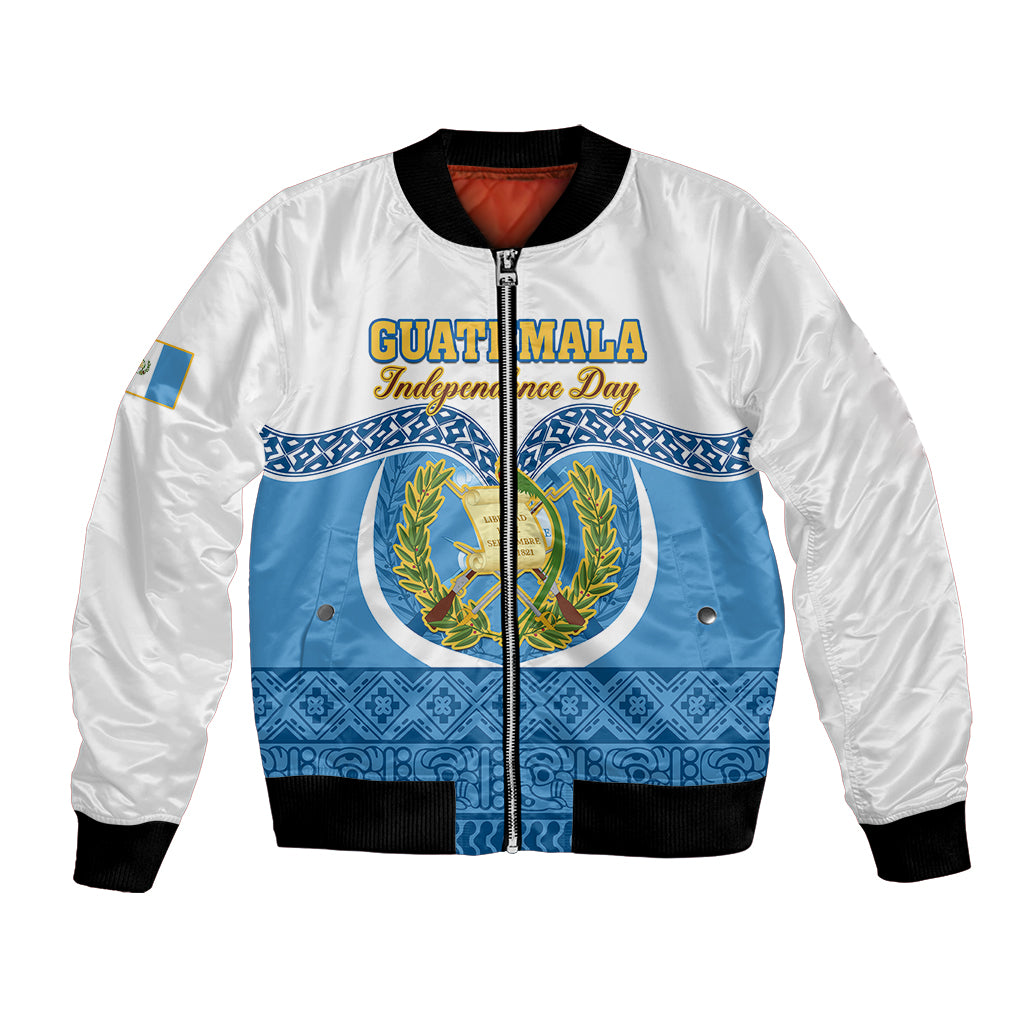 Personalized bomber jacket, white with blue emblem graphic and front zipper