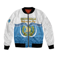 Personalized bomber jacket, white with blue emblem graphic and front zipper
