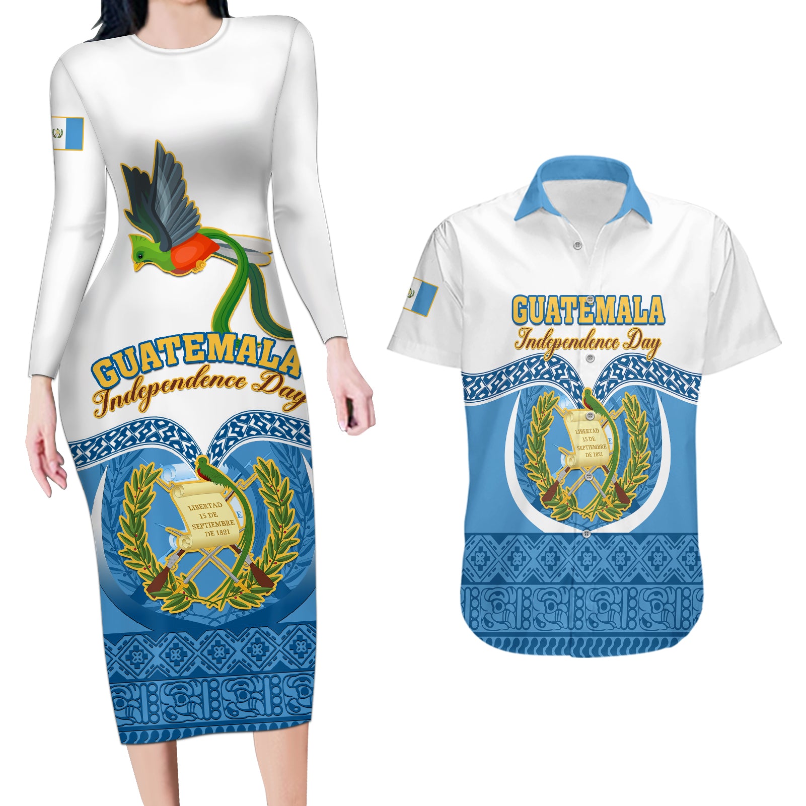 Personalised Guatemala Independence Day Couples Matching Long Sleeve Bodycon Dress and Hawaiian Shirt Guatemalan Coat of Arms Mix Maya Pattern - Wonder Print Shop