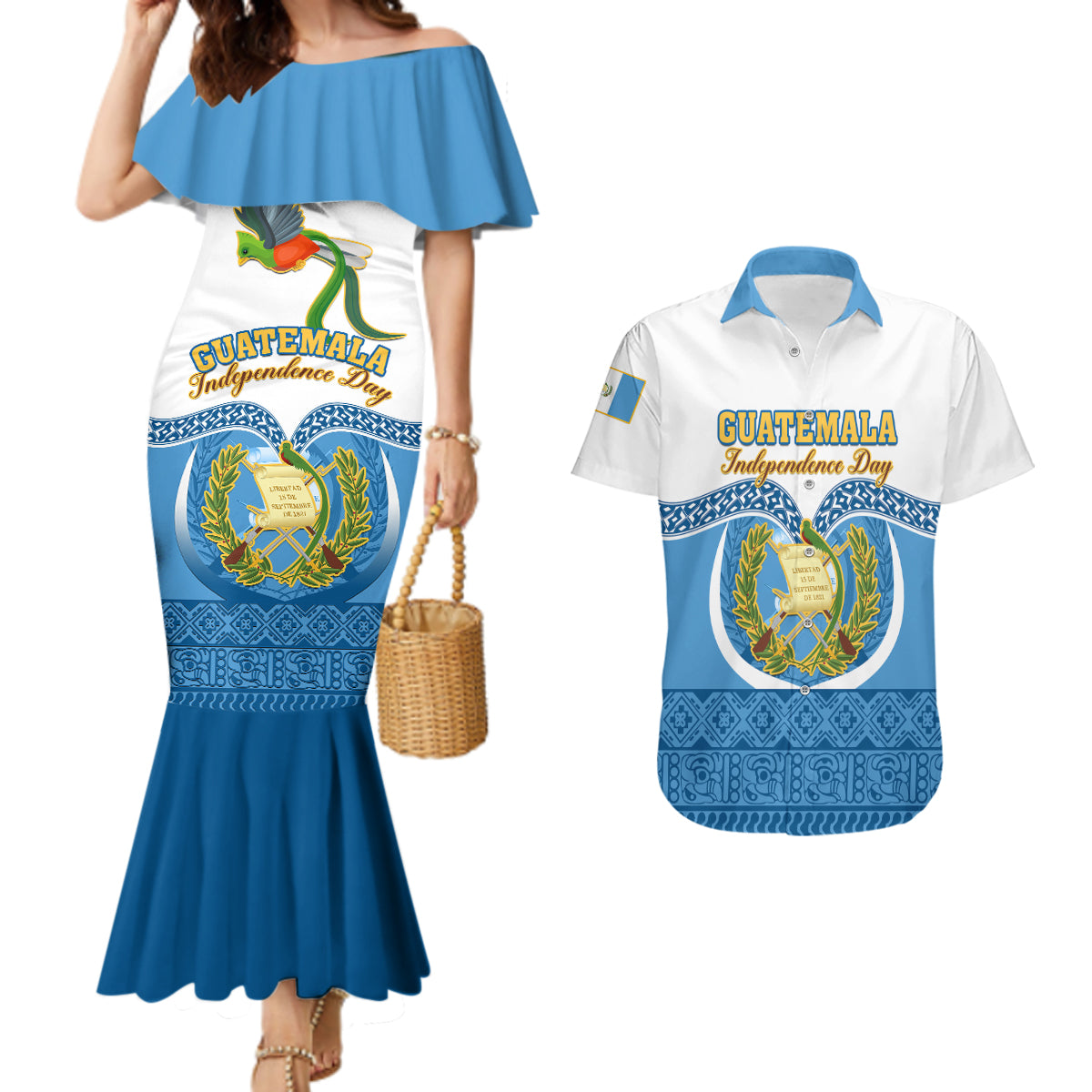 Personalised Guatemala Independence Day Couples Matching Mermaid Dress and Hawaiian Shirt Guatemalan Coat of Arms Mix Maya Pattern - Wonder Print Shop