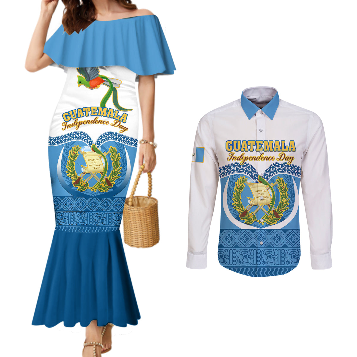 personalised-guatemala-independence-day-couples-matching-mermaid-dress-and-long-sleeve-button-shirts-guatemalan-coat-of-arms-mix-maya-pattern