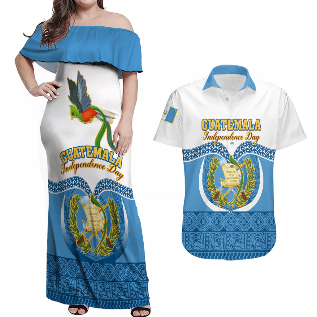 Personalised Guatemala Independence Day Couples Matching Off Shoulder Maxi Dress and Hawaiian Shirt Guatemalan Coat of Arms Mix Maya Pattern - Wonder Print Shop