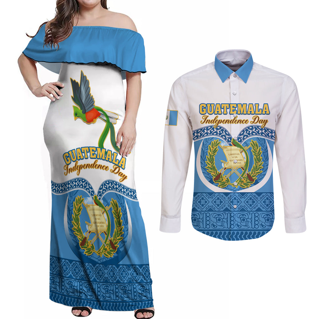 Personalised Guatemala Independence Day Couples Matching Off Shoulder Maxi Dress and Long Sleeve Button Shirts Guatemalan Coat of Arms Mix Maya Pattern - Wonder Print Shop