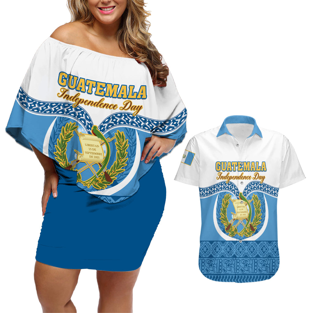 Personalised Guatemala Independence Day Couples Matching Off Shoulder Short Dress and Hawaiian Shirt Guatemalan Coat of Arms Mix Maya Pattern - Wonder Print Shop