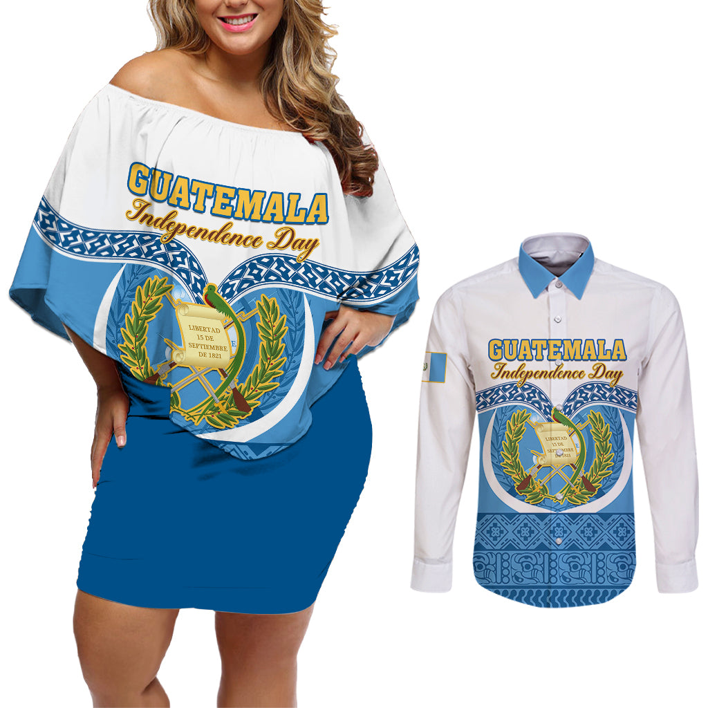 Personalised Guatemala Independence Day Couples Matching Off Shoulder Short Dress and Long Sleeve Button Shirts Guatemalan Coat of Arms Mix Maya Pattern - Wonder Print Shop