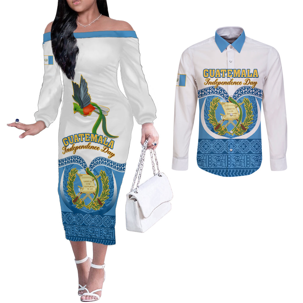 personalised-guatemala-independence-day-couples-matching-off-the-shoulder-long-sleeve-dress-and-long-sleeve-button-shirts-guatemalan-coat-of-arms-mix-maya-pattern