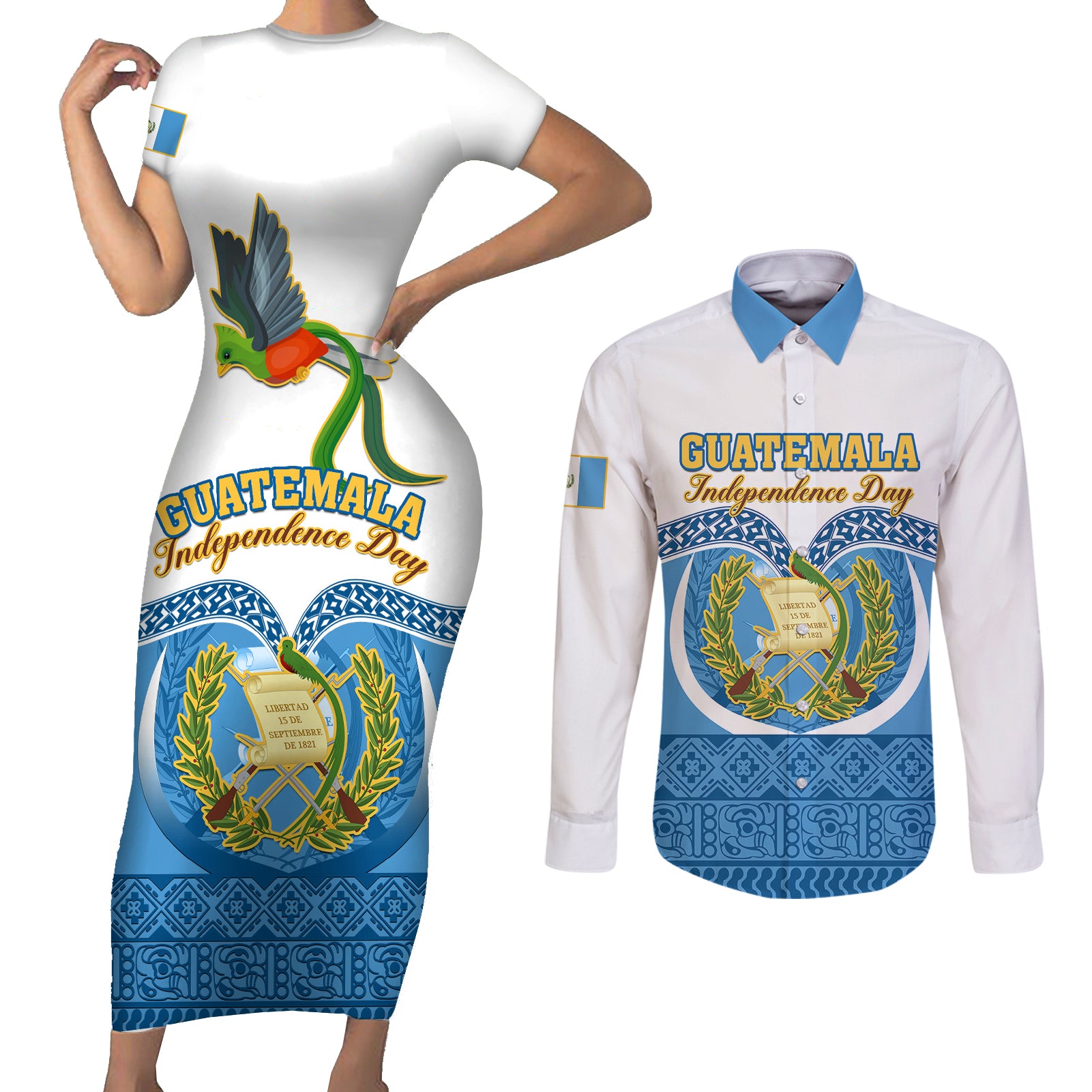 Personalised Guatemala Independence Day Couples Matching Short Sleeve Bodycon Dress and Long Sleeve Button Shirts Guatemalan Coat of Arms Mix Maya Pattern - Wonder Print Shop