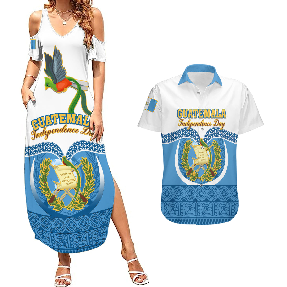 Personalised Guatemala Independence Day Couples Matching Summer Maxi Dress and Hawaiian Shirt Guatemalan Coat of Arms Mix Maya Pattern - Wonder Print Shop