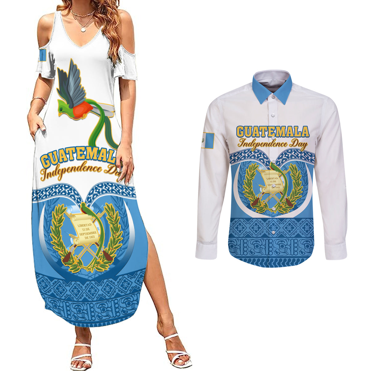 Personalised Guatemala Independence Day Couples Matching Summer Maxi Dress and Long Sleeve Button Shirts Guatemalan Coat of Arms Mix Maya Pattern - Wonder Print Shop