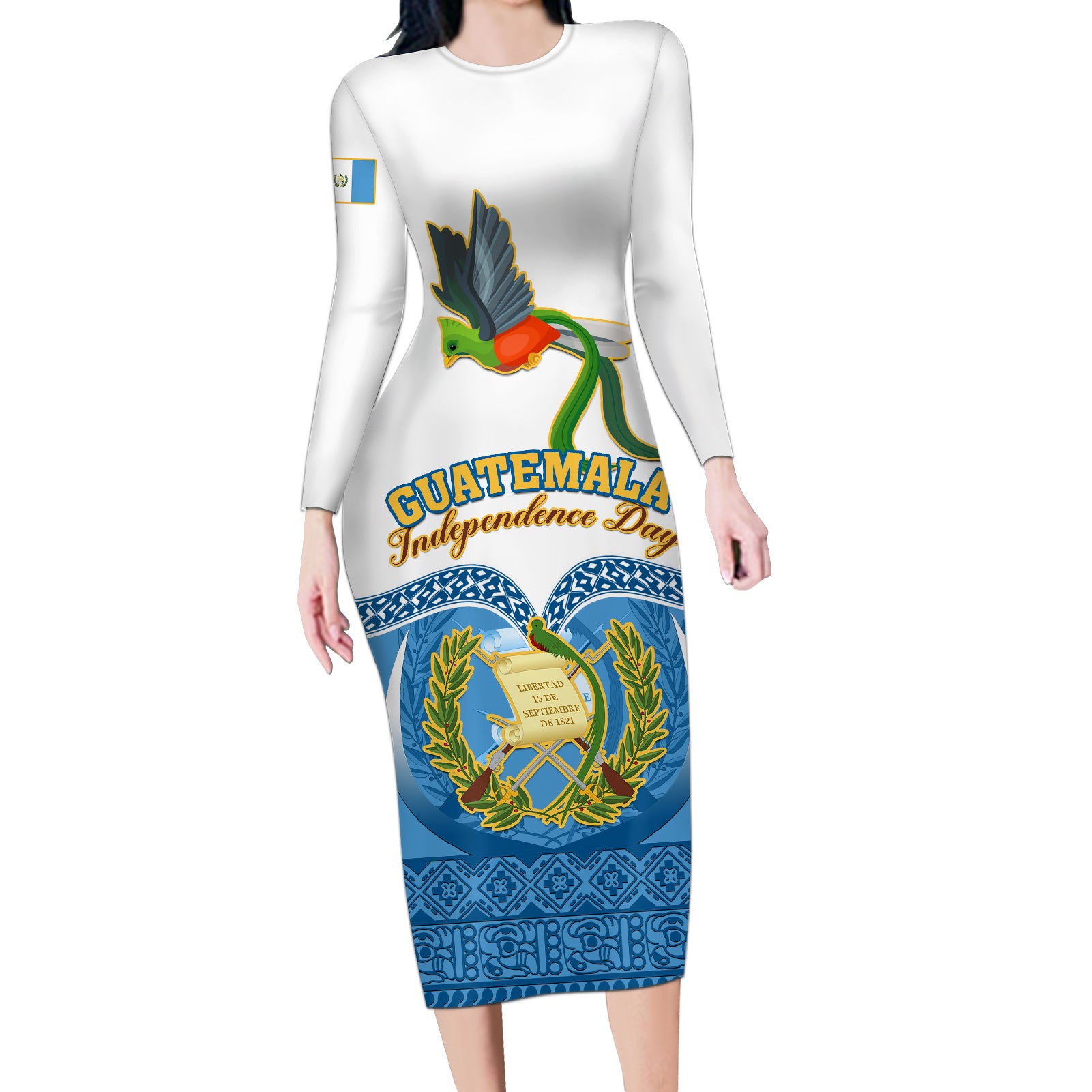 Personalised Guatemala Independence Day Long Sleeve Bodycon Dress Guatemalan Coat of Arms Mix Maya Pattern - Wonder Print Shop