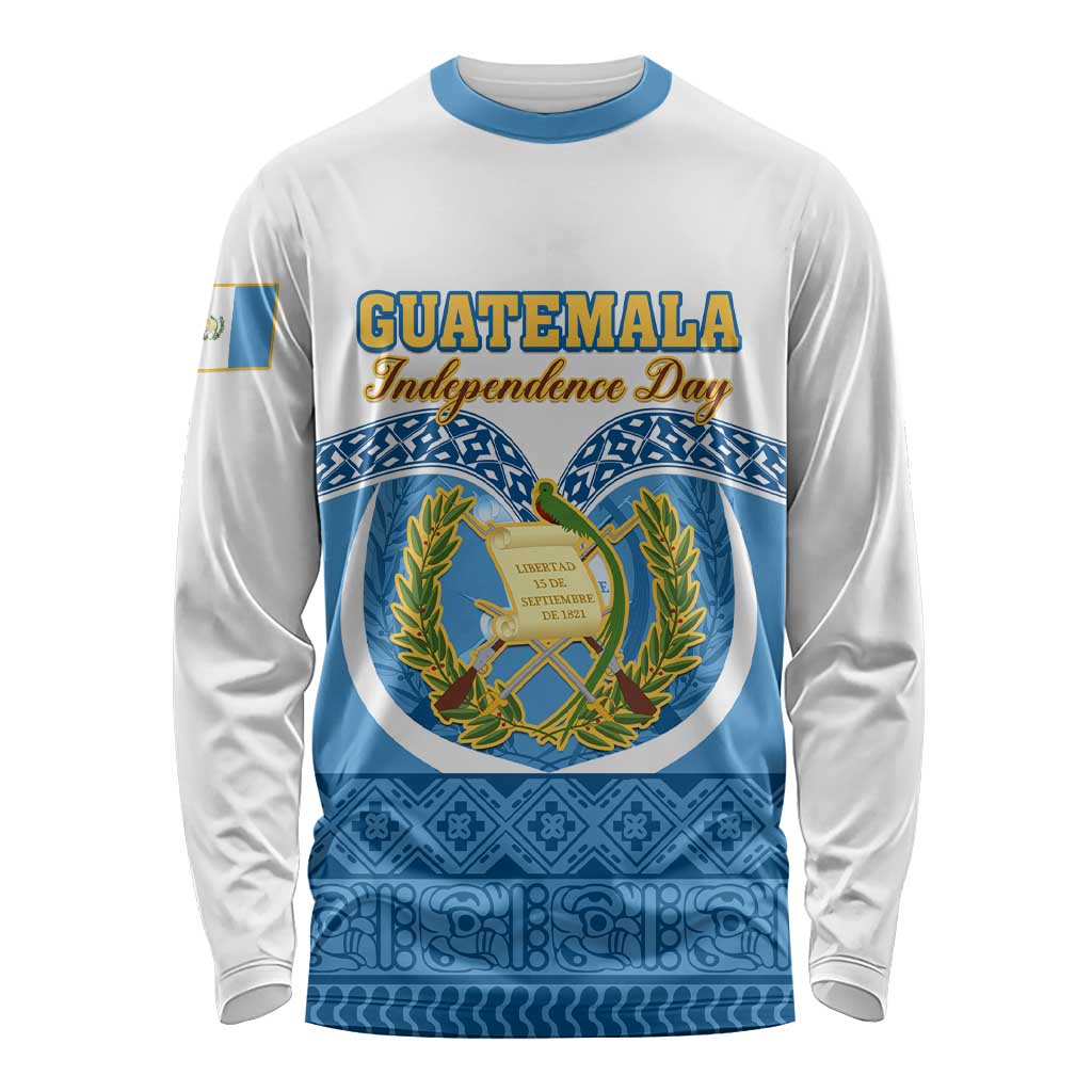 Unisex white long-sleeve shirt with blue trim and Guatemala Independence Day front print