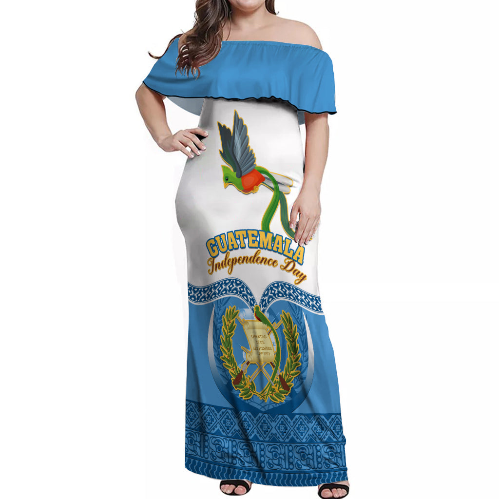 Personalised Guatemala Independence Day Off Shoulder Maxi Dress Guatemalan Coat of Arms Mix Maya Pattern - Wonder Print Shop