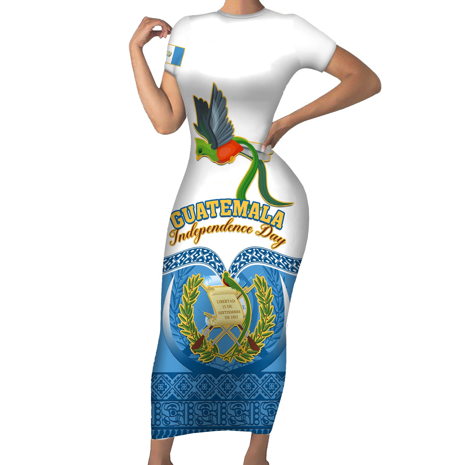 Personalised Guatemala Independence Day Short Sleeve Bodycon Dress Guatemalan Coat of Arms Mix Maya Pattern - Wonder Print Shop