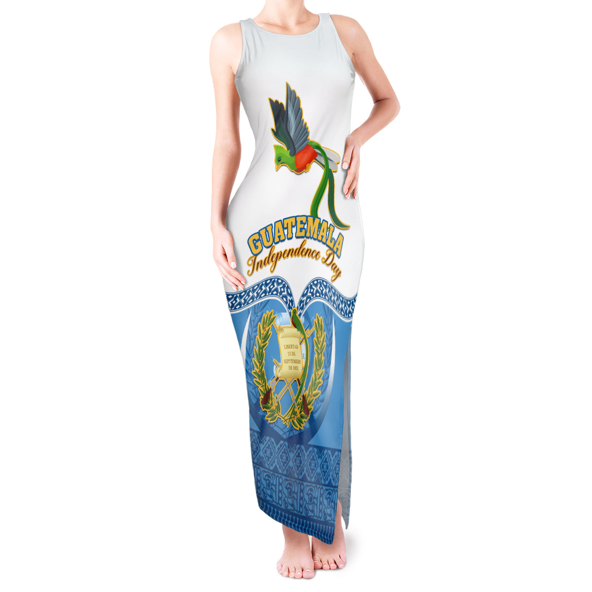 Personalised Guatemala Independence Day Tank Maxi Dress Guatemalan Coat of Arms Mix Maya Pattern - Wonder Print Shop