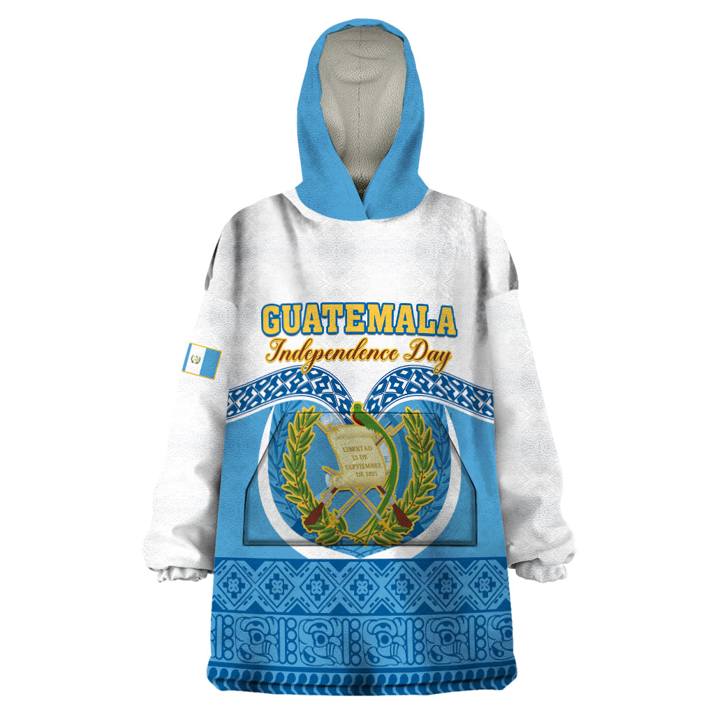 Personalised Guatemala Independence Day Wearable Blanket Hoodie Guatemalan Coat of Arms Mix Maya Pattern - Wonder Print Shop