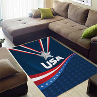 Blue patriotic rug with “USA” and a central star over red-and-white flag stripes and stars