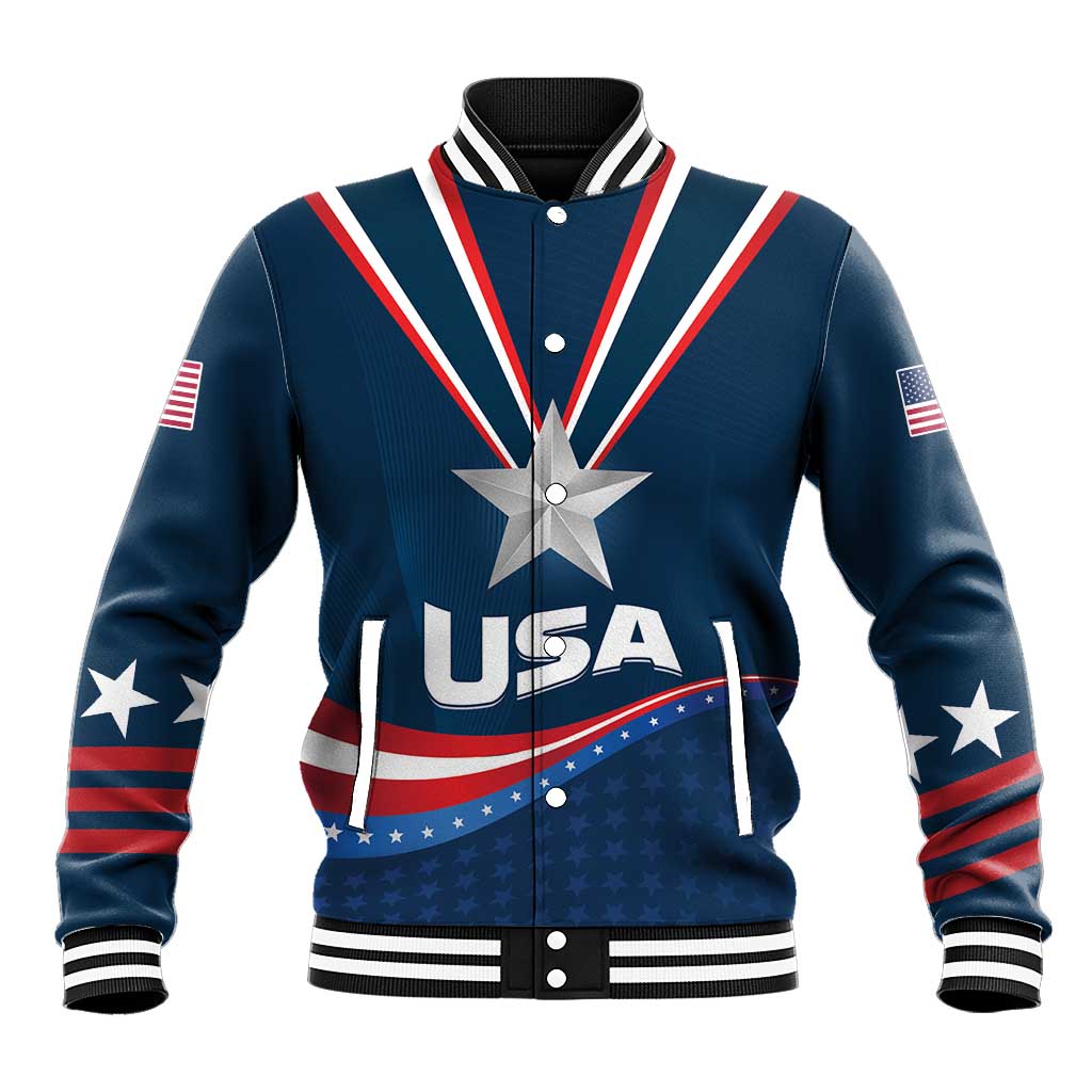 Blue varsity baseball jacket, front snap buttons, large star emblem and USA text