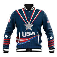 Blue varsity baseball jacket, front snap buttons, large star emblem and USA text