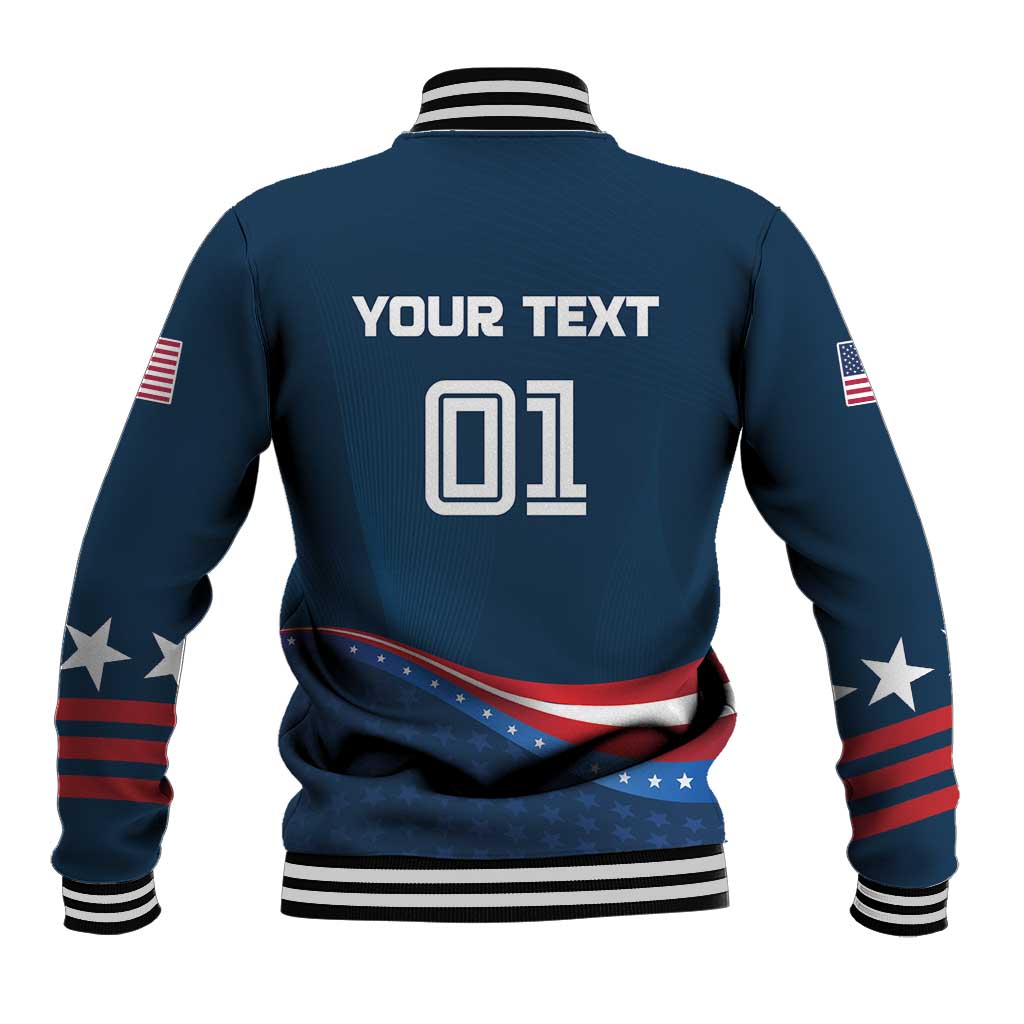 Blue baseball varsity jacket, striped rib collar and cuffs, star-and-USA graphic back
