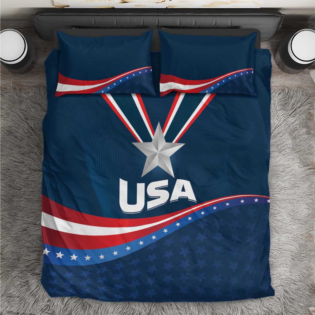 Blue USA star bedding set with medal star center, USA text, and blue star-studded band