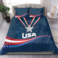 Blue USA star bedding set with large central medal star and red-white stripe wave