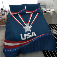 Blue USA star bedding set with USA lettering, large medal star, and patriotic stripes