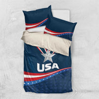 Blue USA star bedding set with medal star, USA text, and red-white stripe wave on white panel