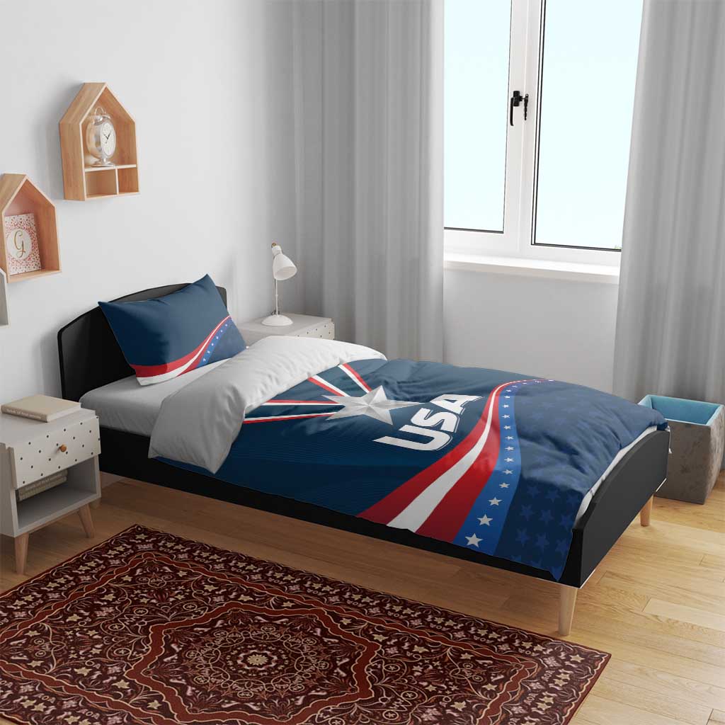 Blue USA star bedding set on bed with medal star design and USA text