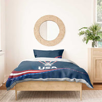 Blue USA star bedding set with big medal star, USA text, and red-white wave stripe
